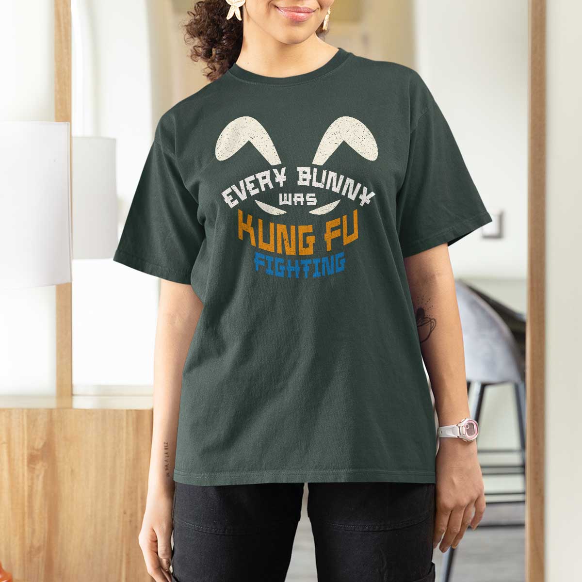 Every Bunny Was Kung Fu Fighting T Shirt For Women Funny Easter Vintage Rabbit Face