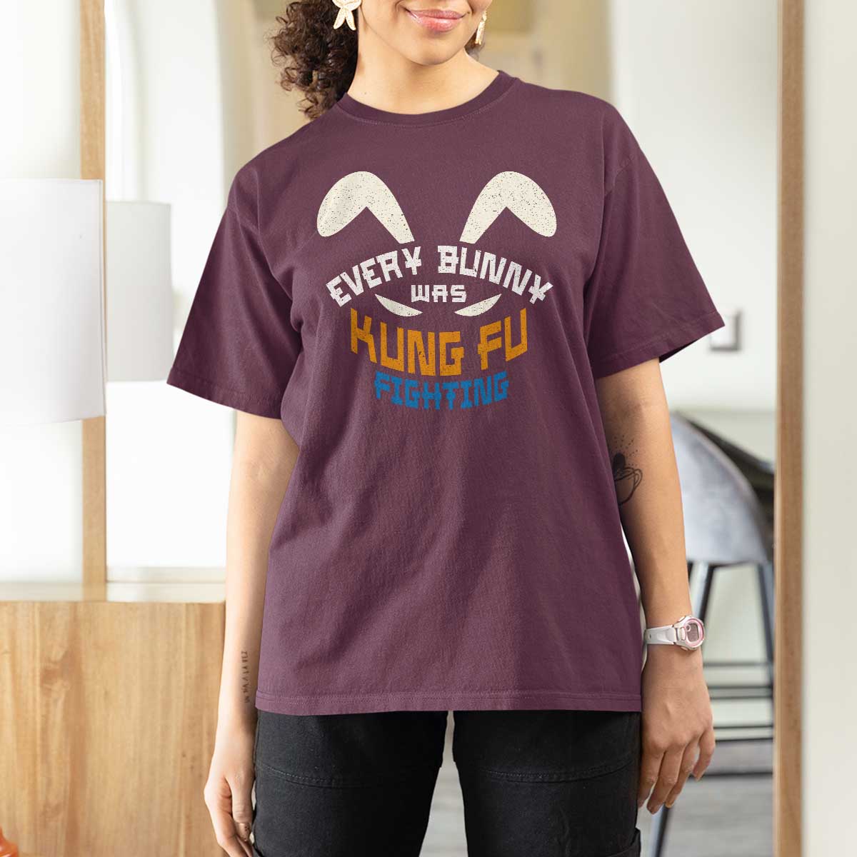 Every Bunny Was Kung Fu Fighting T Shirt For Women Funny Easter Vintage Rabbit Face