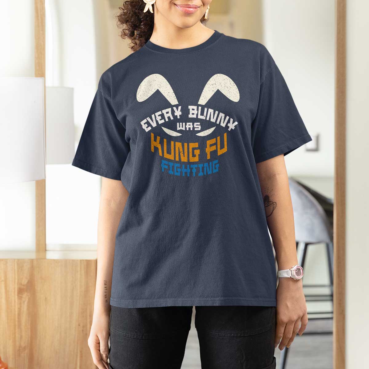 Every Bunny Was Kung Fu Fighting T Shirt For Women Funny Easter Vintage Rabbit Face