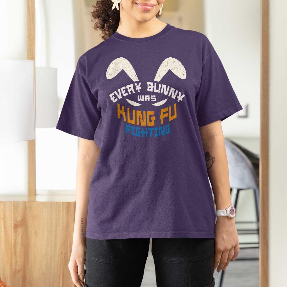 Every Bunny Was Kung Fu Fighting T Shirt For Women Funny Easter Vintage Rabbit Face