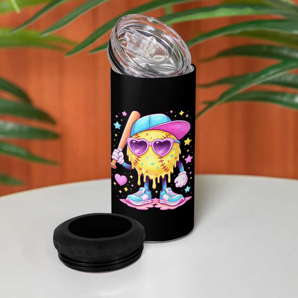 Funny Softball Drip 4 in 1 Can Cooler Tumbler Ice Cream Sprinkles Softball Girls Kid