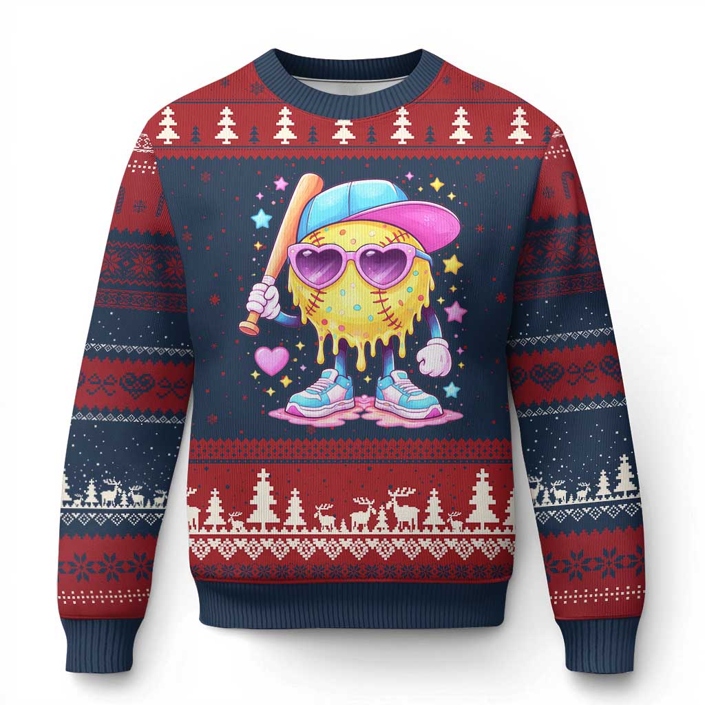 Funny Softball Drip Ugly Christmas Sweater Ice Cream Sprinkles Softball Girls Kid