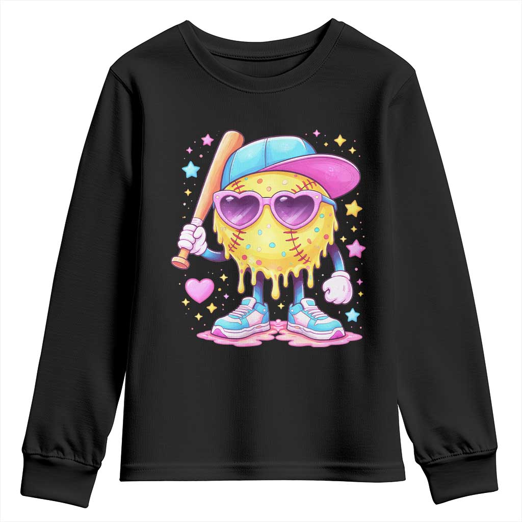 Funny Softball Drip Youth Sweatshirt Ice Cream Sprinkles Softball Girls Kid