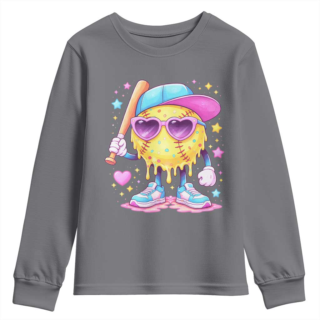 Funny Softball Drip Youth Sweatshirt Ice Cream Sprinkles Softball Girls Kid