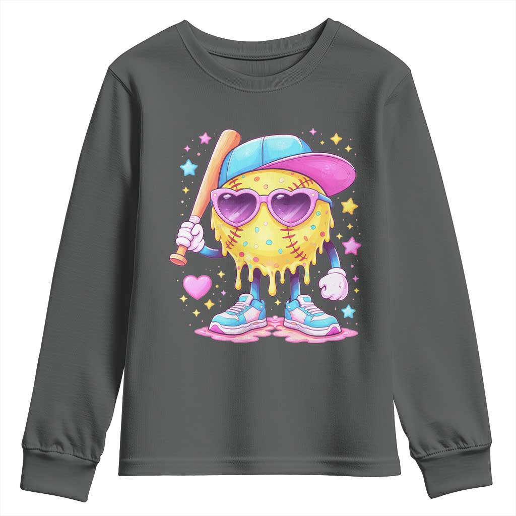 Funny Softball Drip Youth Sweatshirt Ice Cream Sprinkles Softball Girls Kid