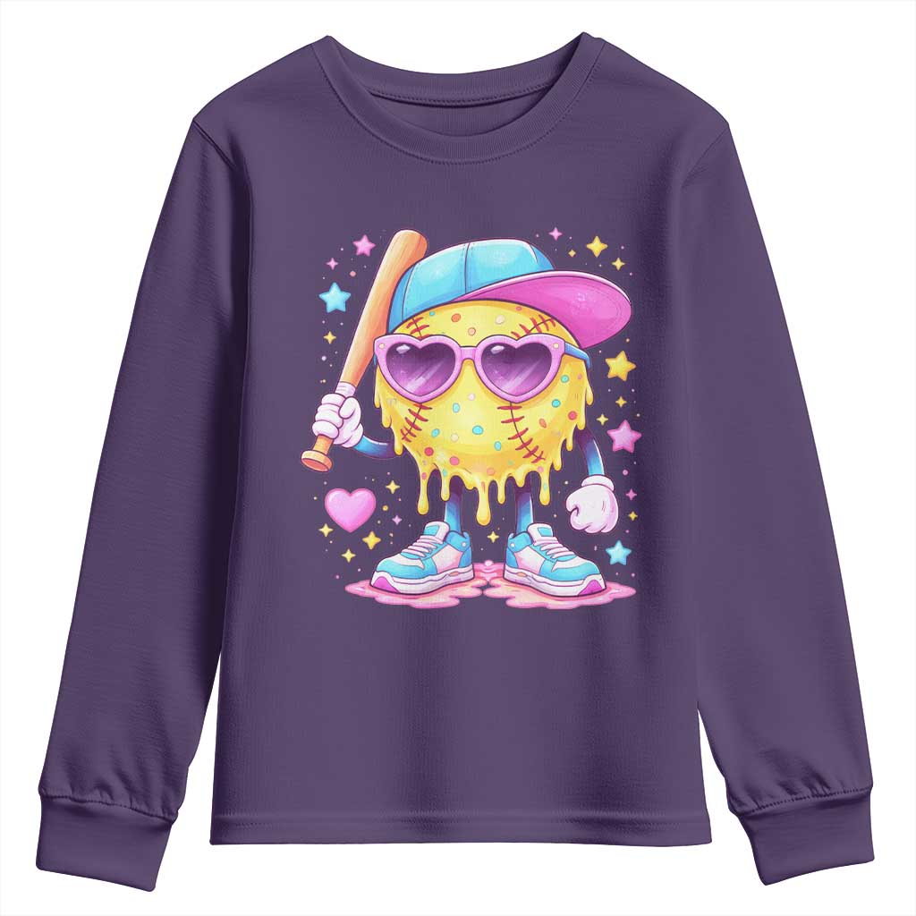 Funny Softball Drip Youth Sweatshirt Ice Cream Sprinkles Softball Girls Kid