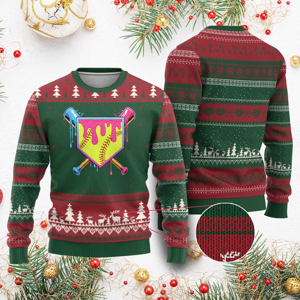 Softball Drip Ugly Christmas Sweater Ice Cream Drip Youth Girls Softball Sport
