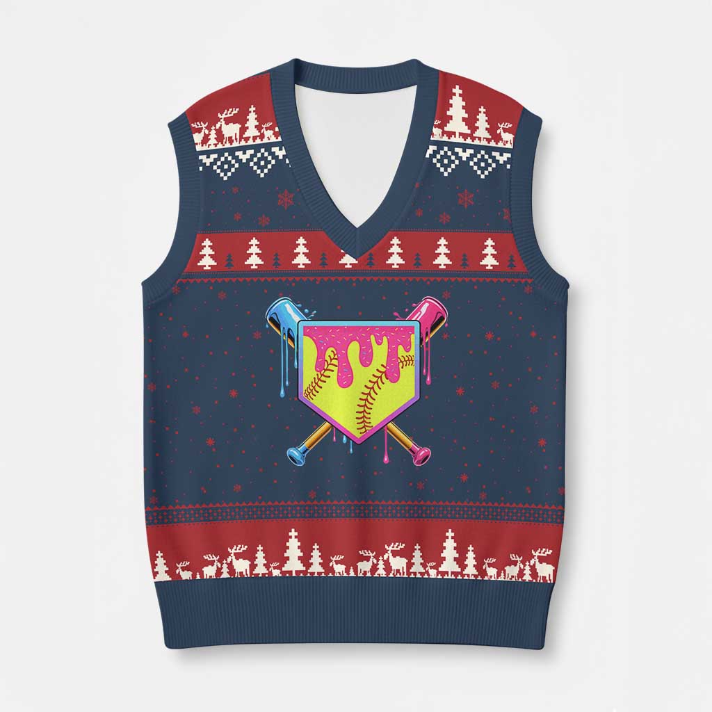 Softball Drip V-Neck Knit Sweater Vest Ice Cream Drip Youth Girls Softball Sport