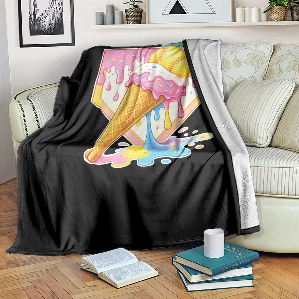 Softball Drip Throw Blanket Cute Softball Girls Ice Cream Drip Game Day