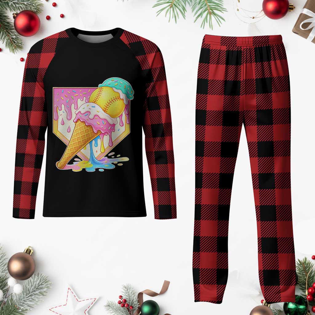 Softball Drip Plaid Pajama Set Cute Softball Girls Ice Cream Drip Game Day