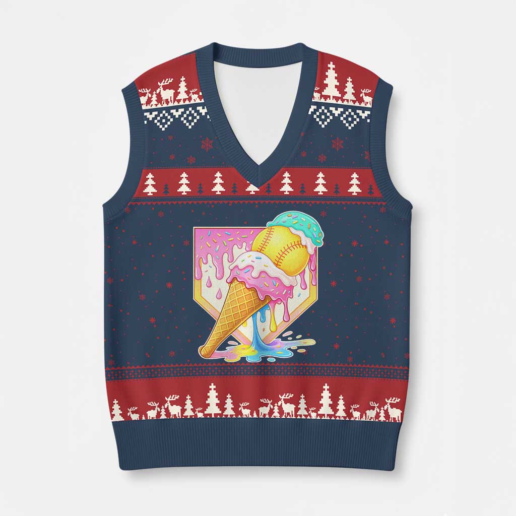 Softball Drip V-Neck Knit Sweater Vest Cute Softball Girls Ice Cream Drip Game Day