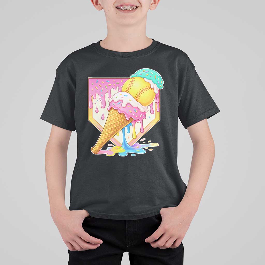 Softball Drip T Shirt For Kid Cute Softball Girls Ice Cream Drip Game Day