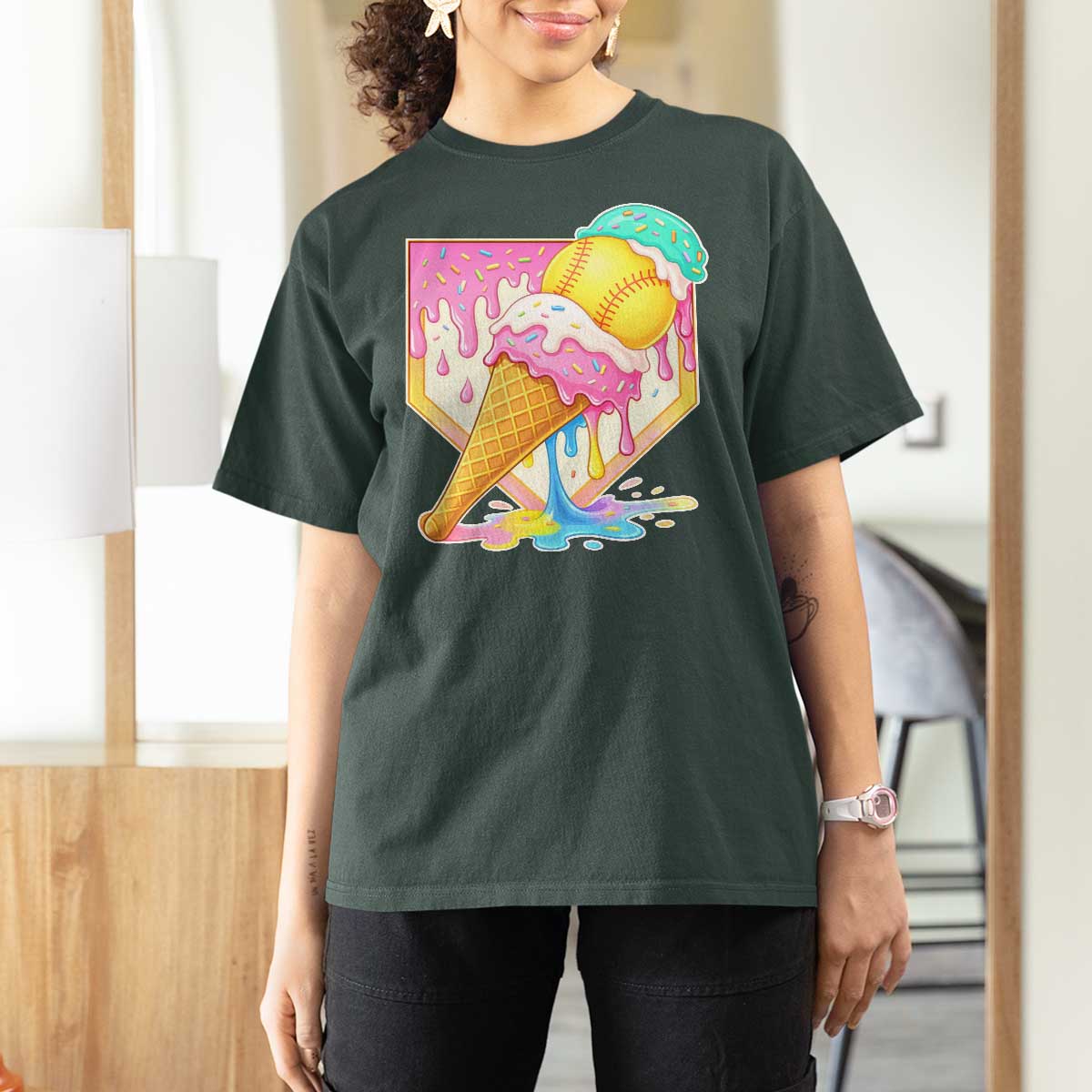 Softball Drip T Shirt For Women Cute Softball Girls Ice Cream Drip Game Day