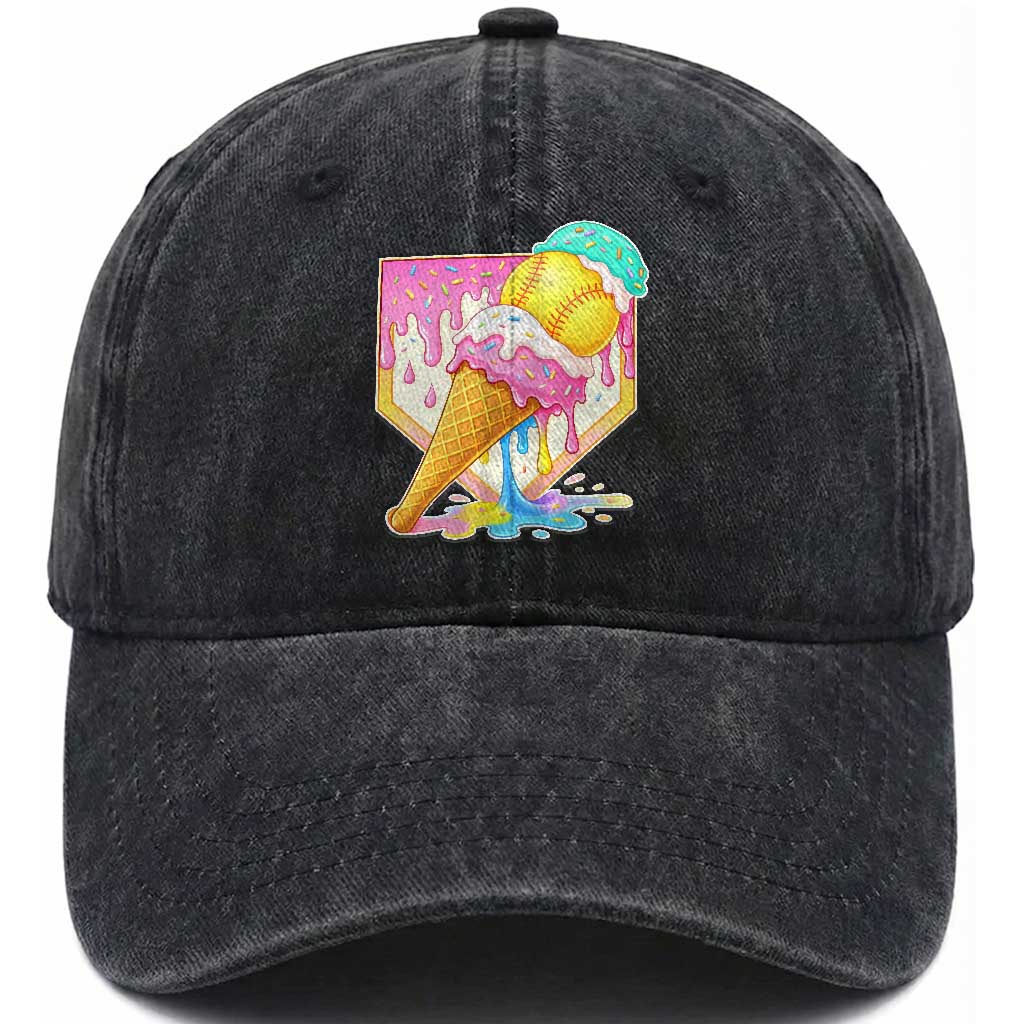 Softball Drip Washed Cotton Baseball Cap Cute Softball Girls Ice Cream Drip Game Day