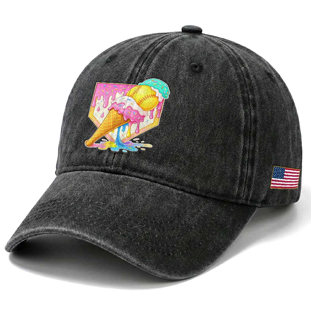 Softball Drip Washed Cotton Baseball Cap Cute Softball Girls Ice Cream Drip Game Day