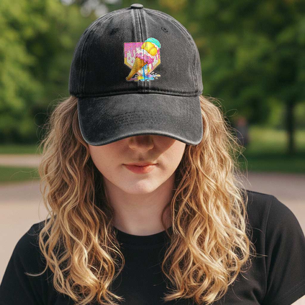 Softball Drip Washed Cotton Baseball Cap Cute Softball Girls Ice Cream Drip Game Day