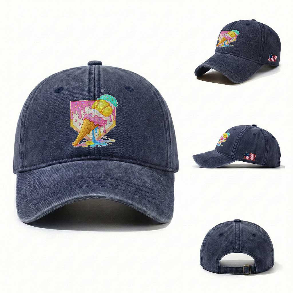 Softball Drip Washed Cotton Baseball Cap Cute Softball Girls Ice Cream Drip Game Day