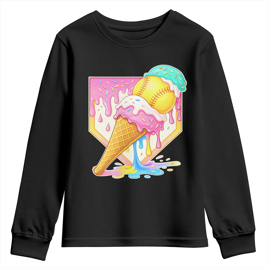 Softball Drip Youth Sweatshirt Cute Softball Girls Ice Cream Drip Game Day