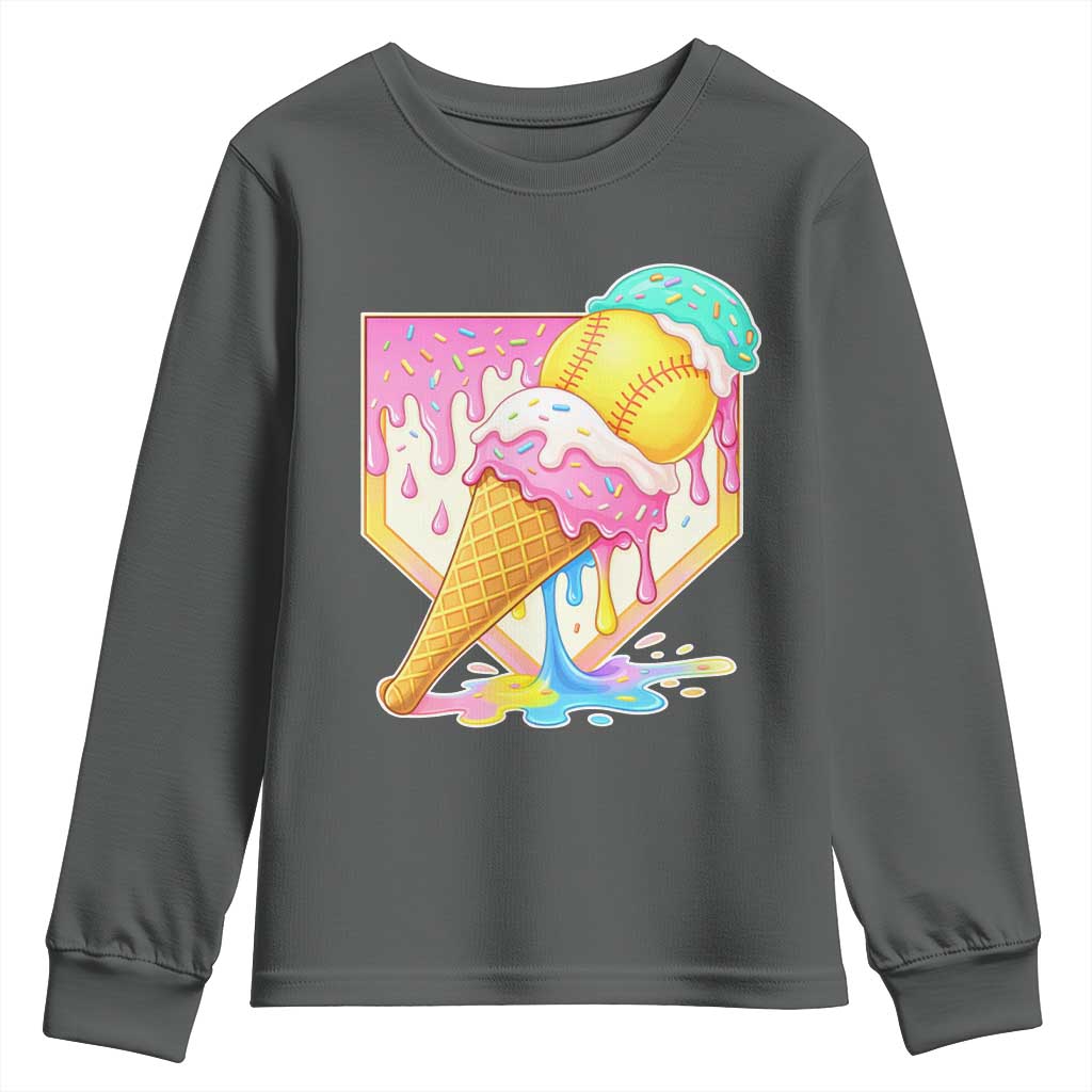 Softball Drip Youth Sweatshirt Cute Softball Girls Ice Cream Drip Game Day