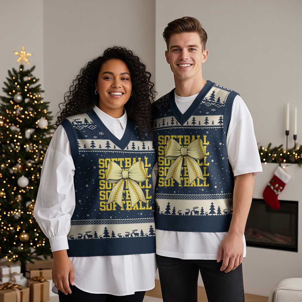Softball Bow V-Neck Knit Sweater Vest Sister Sport Lovers Girls Team