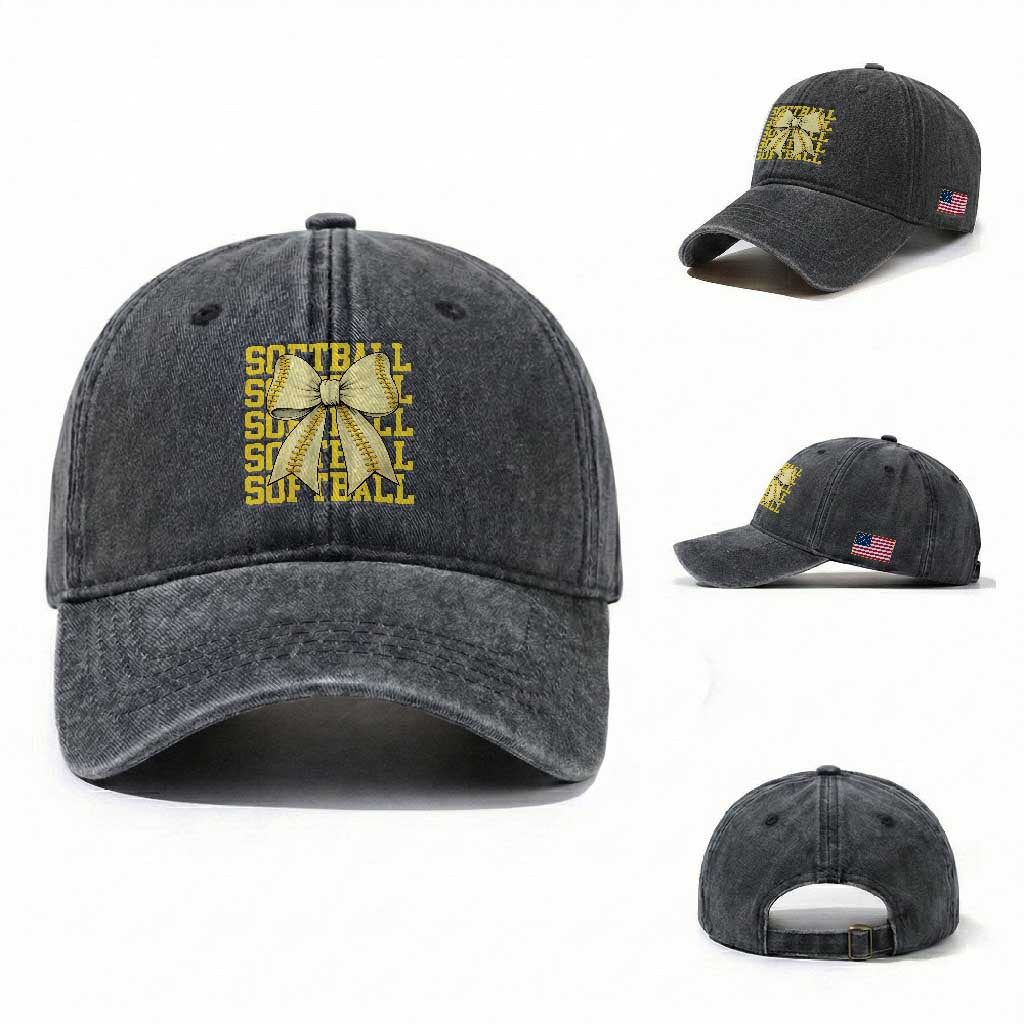 Softball Bow Washed Cotton Baseball Cap Sister Sport Lovers Girls Team