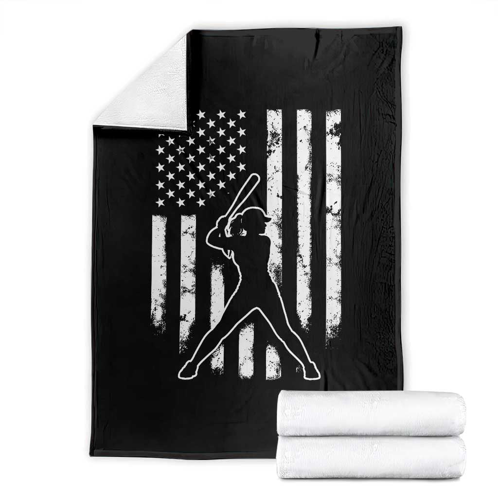 Vintage Patriotic Softball Throw Blanket Girls Baseball Softball Player American Flag