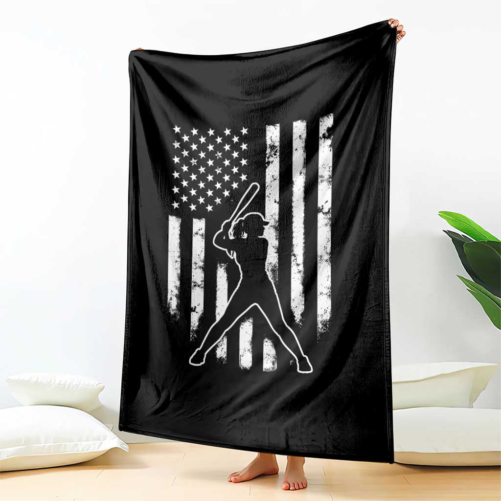 Vintage Patriotic Softball Throw Blanket Girls Baseball Softball Player American Flag