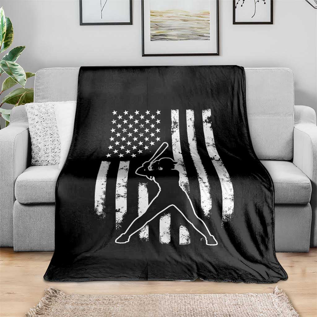 Vintage Patriotic Softball Throw Blanket Girls Baseball Softball Player American Flag