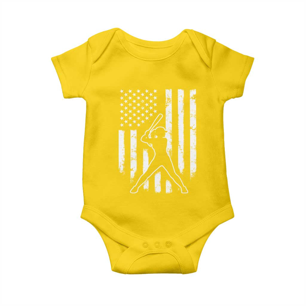 Vintage Patriotic Softball Baby Onesie Girls Baseball Softball Player American Flag