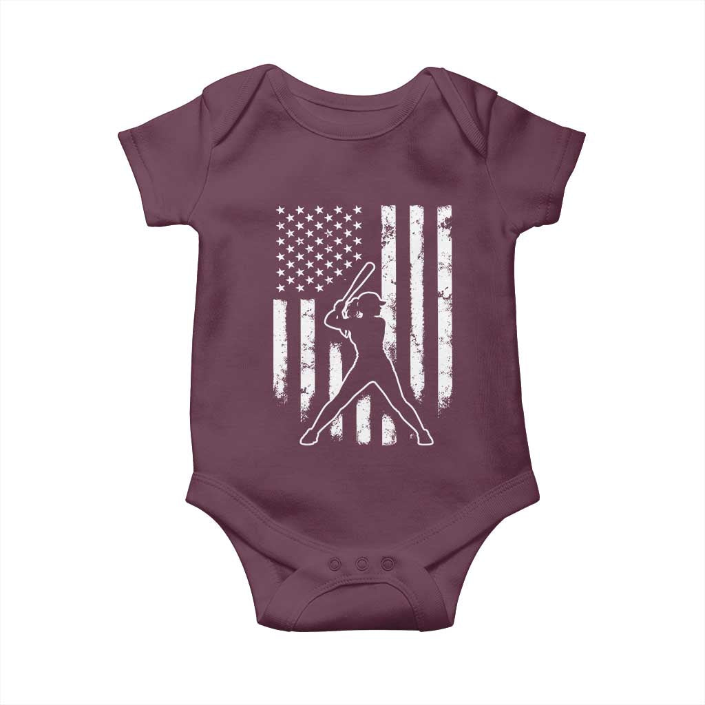 Vintage Patriotic Softball Baby Onesie Girls Baseball Softball Player American Flag