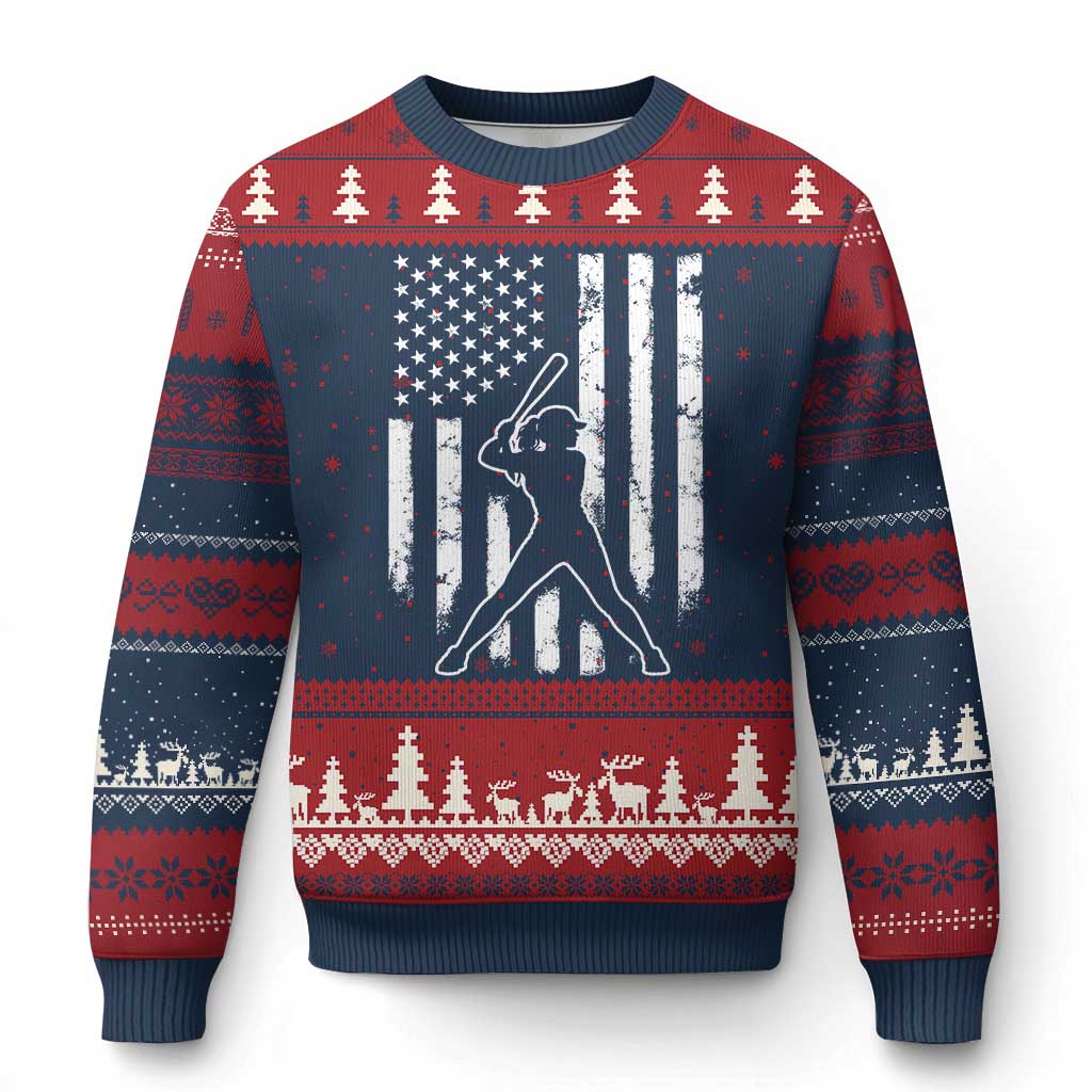 Vintage Patriotic Softball Ugly Christmas Sweater Girls Baseball Softball Player American Flag