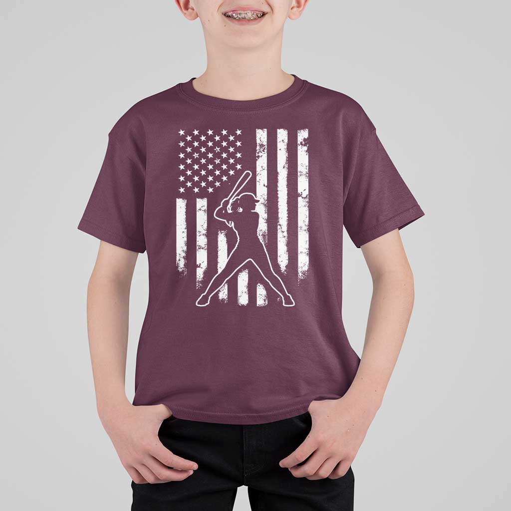 Vintage Patriotic Softball T Shirt For Kid Girls Baseball Softball Player American Flag