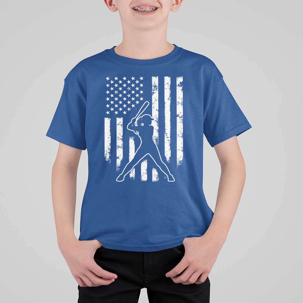 Vintage Patriotic Softball T Shirt For Kid Girls Baseball Softball Player American Flag
