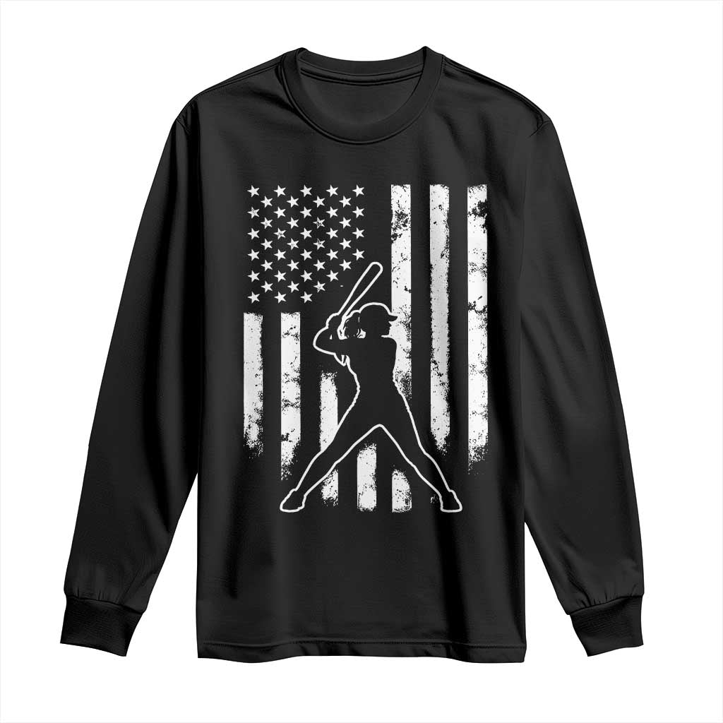 Vintage Patriotic Softball Long Sleeve Shirt Girls Baseball Softball Player American Flag