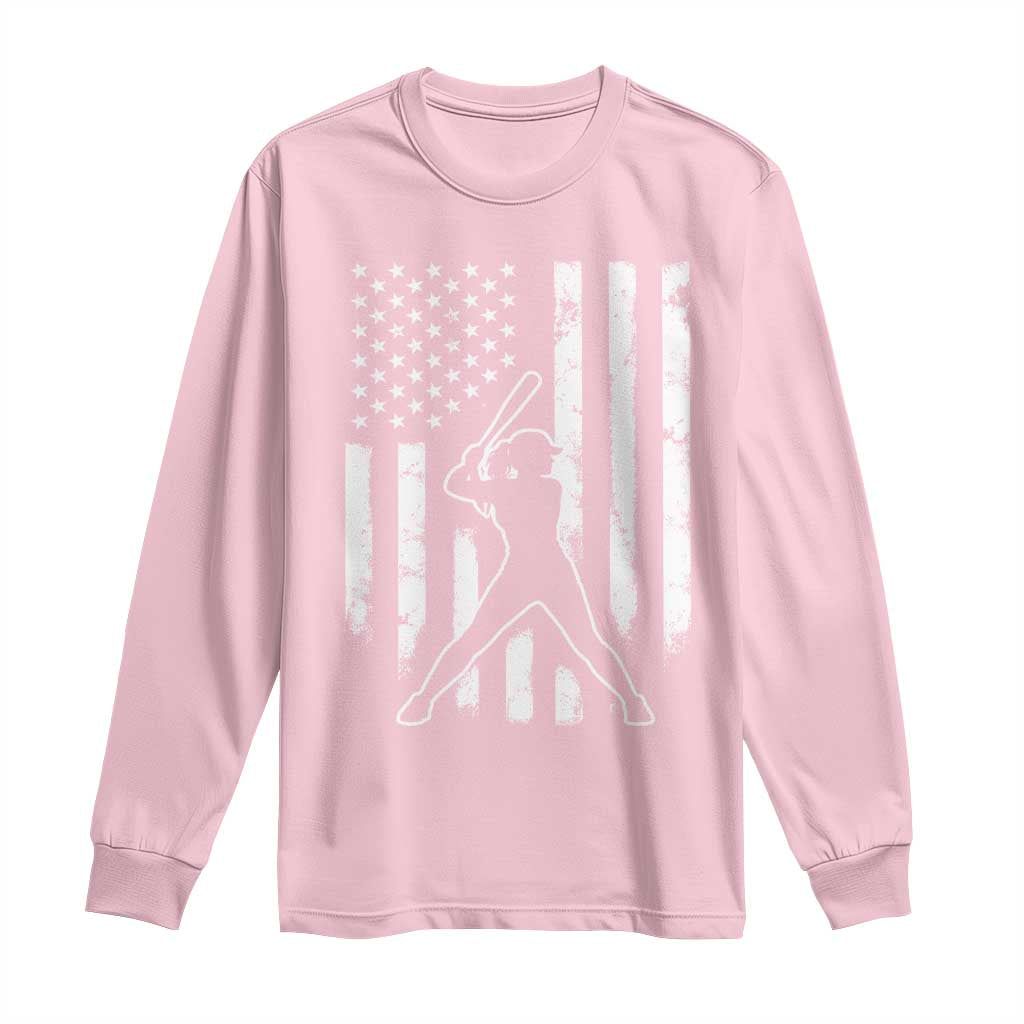 Vintage Patriotic Softball Long Sleeve Shirt Girls Baseball Softball Player American Flag