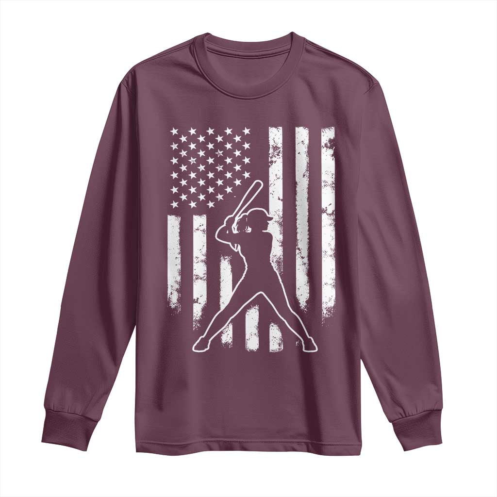Vintage Patriotic Softball Long Sleeve Shirt Girls Baseball Softball Player American Flag