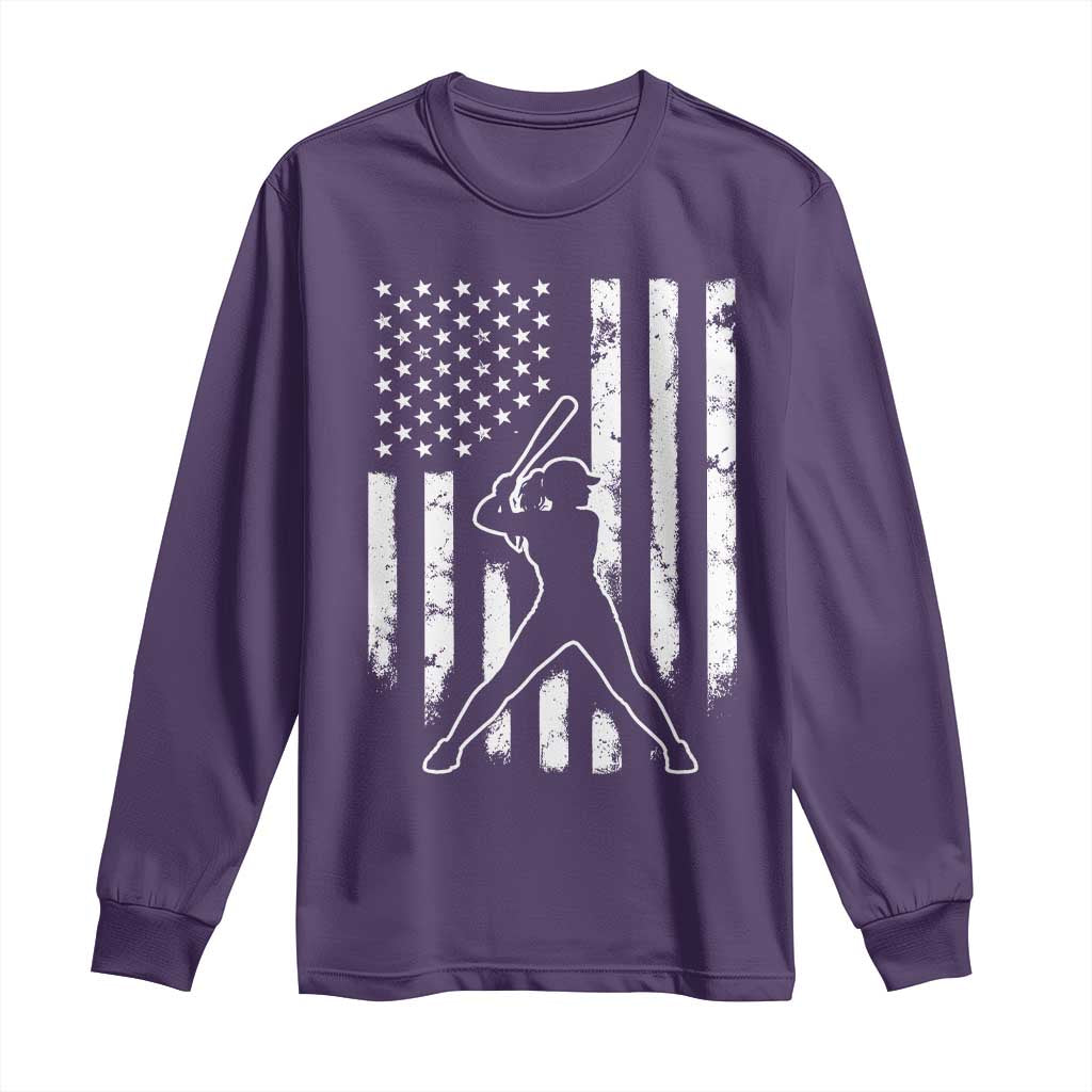 Vintage Patriotic Softball Long Sleeve Shirt Girls Baseball Softball Player American Flag
