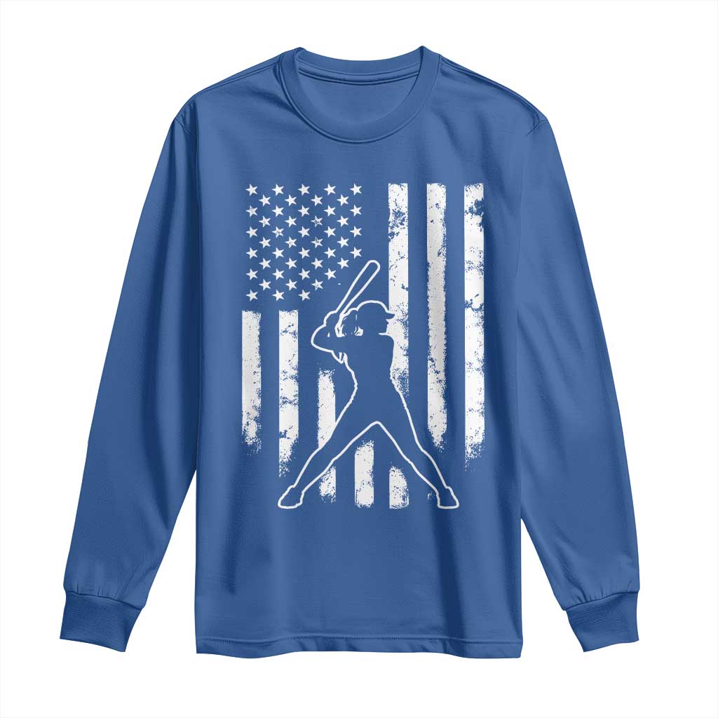 Vintage Patriotic Softball Long Sleeve Shirt Girls Baseball Softball Player American Flag