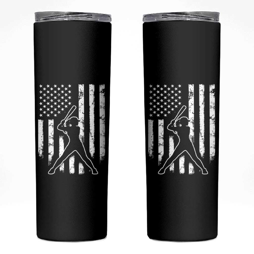 Vintage Patriotic Softball Skinny Tumbler Girls Baseball Softball Player American Flag