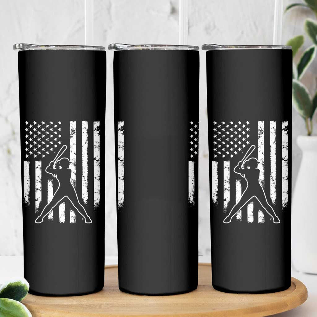 Vintage Patriotic Softball Skinny Tumbler Girls Baseball Softball Player American Flag