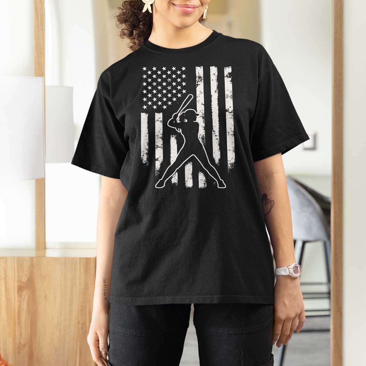 Vintage Patriotic Softball T Shirt For Women Girls Baseball Softball Player American Flag