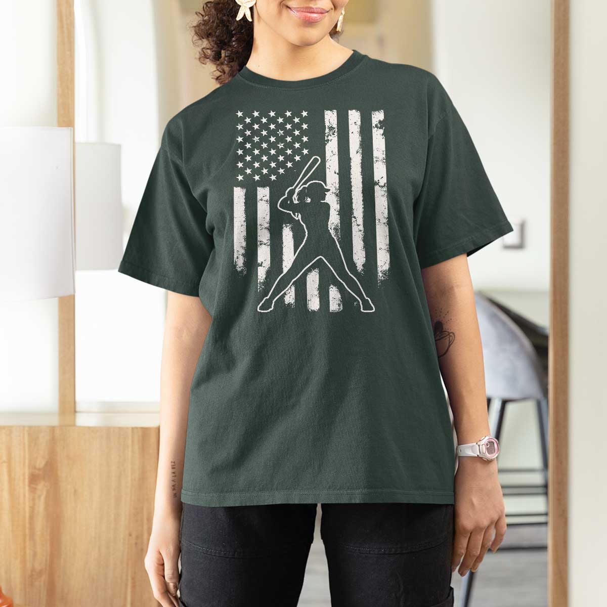 Vintage Patriotic Softball T Shirt For Women Girls Baseball Softball Player American Flag