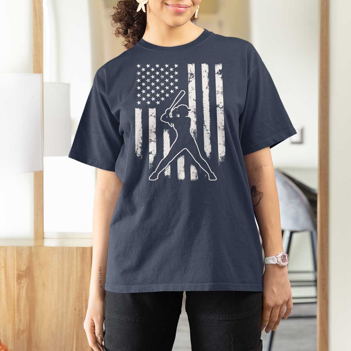 Vintage Patriotic Softball T Shirt For Women Girls Baseball Softball Player American Flag
