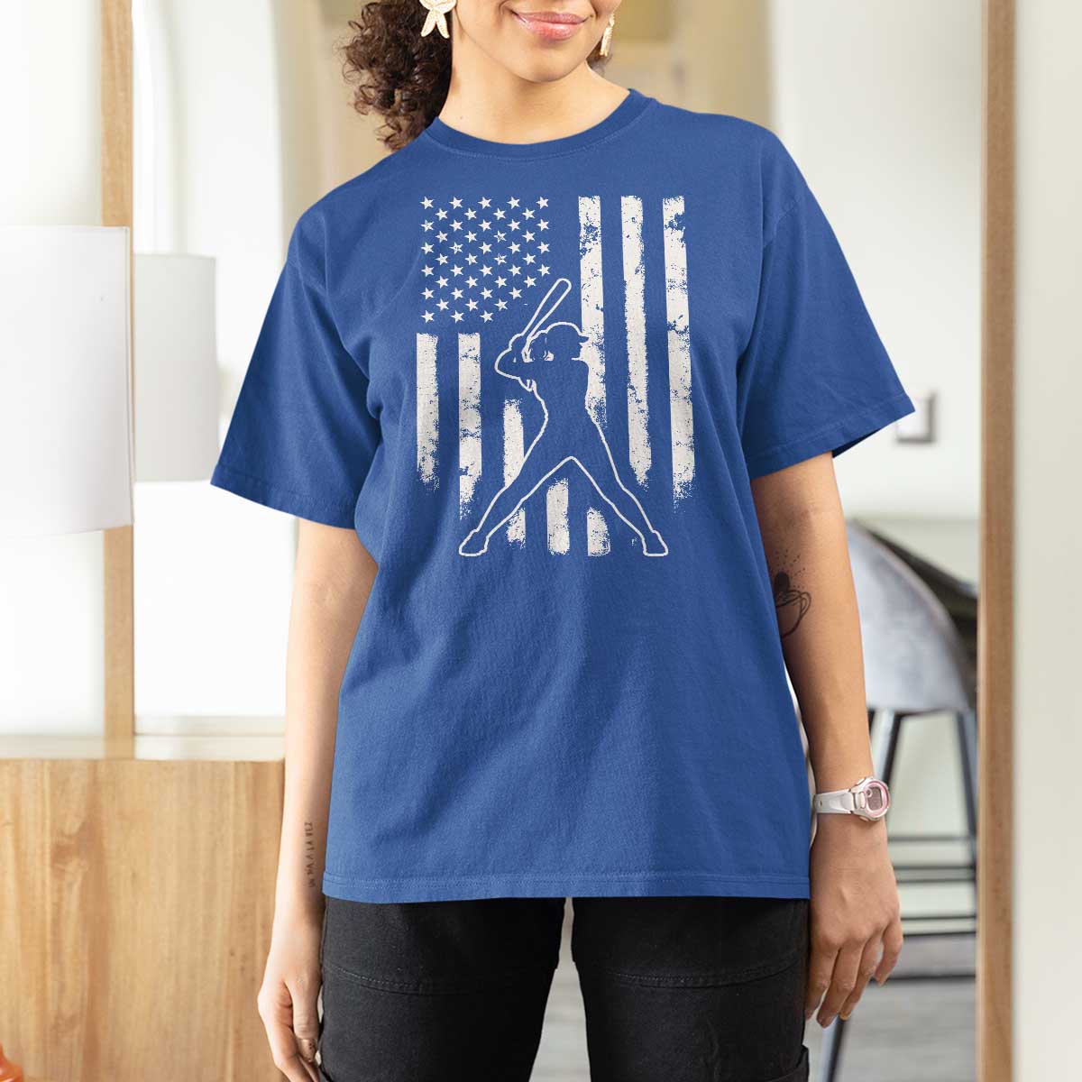 Vintage Patriotic Softball T Shirt For Women Girls Baseball Softball Player American Flag
