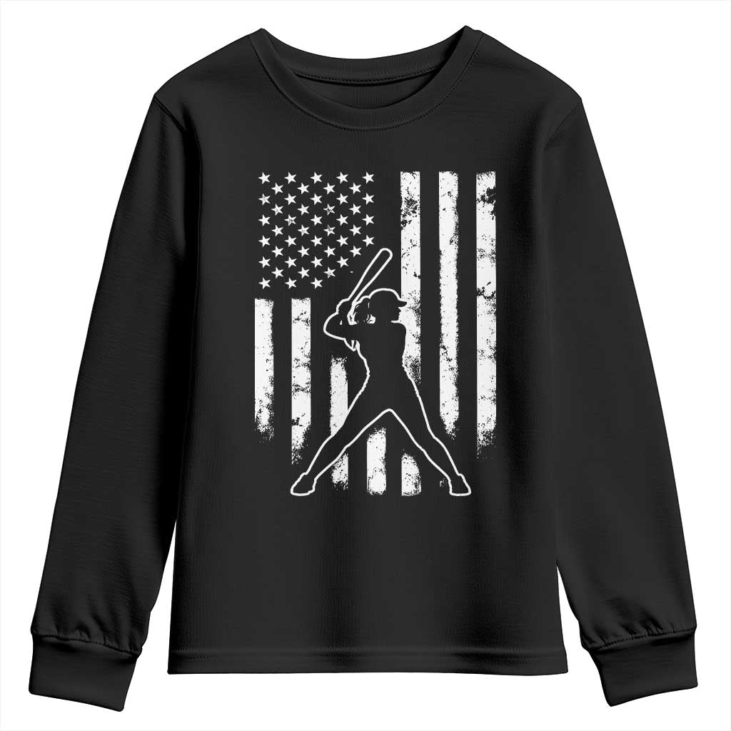Vintage Patriotic Softball Youth Sweatshirt Girls Baseball Softball Player American Flag
