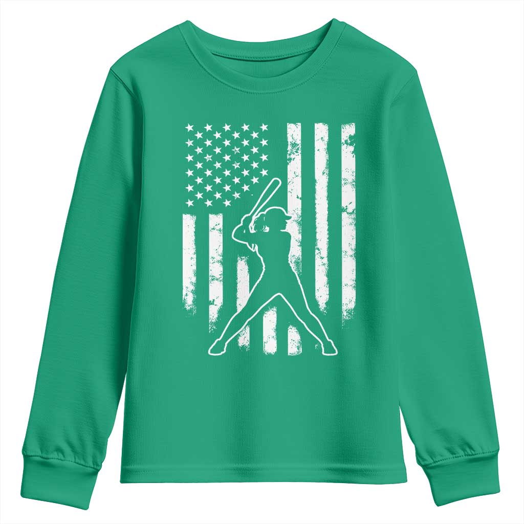 Vintage Patriotic Softball Youth Sweatshirt Girls Baseball Softball Player American Flag