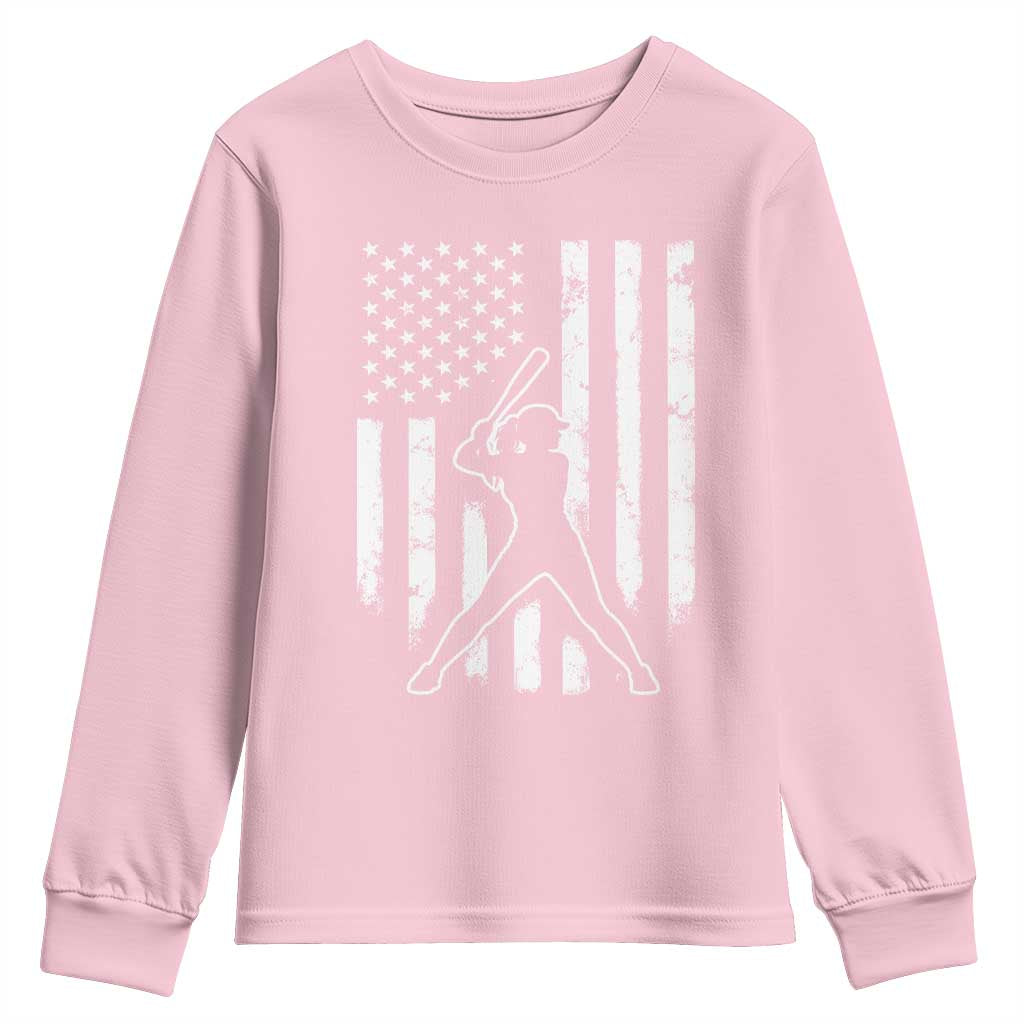 Vintage Patriotic Softball Youth Sweatshirt Girls Baseball Softball Player American Flag