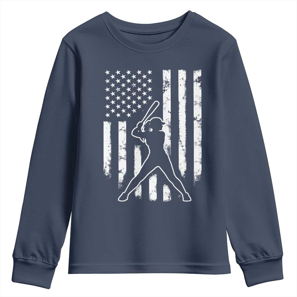 Vintage Patriotic Softball Youth Sweatshirt Girls Baseball Softball Player American Flag