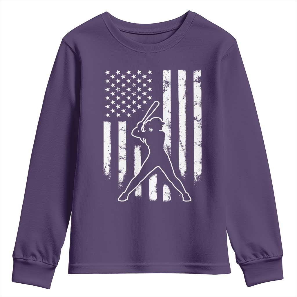 Vintage Patriotic Softball Youth Sweatshirt Girls Baseball Softball Player American Flag