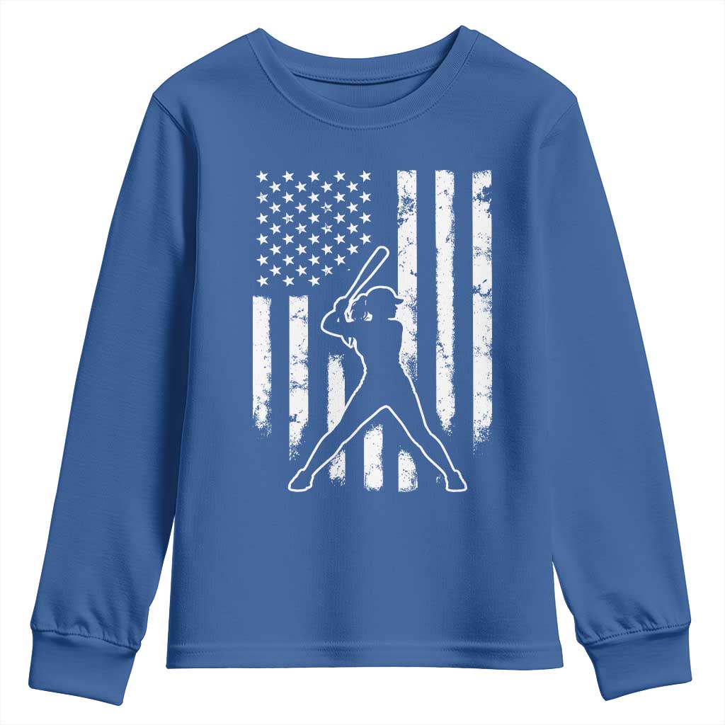 Vintage Patriotic Softball Youth Sweatshirt Girls Baseball Softball Player American Flag